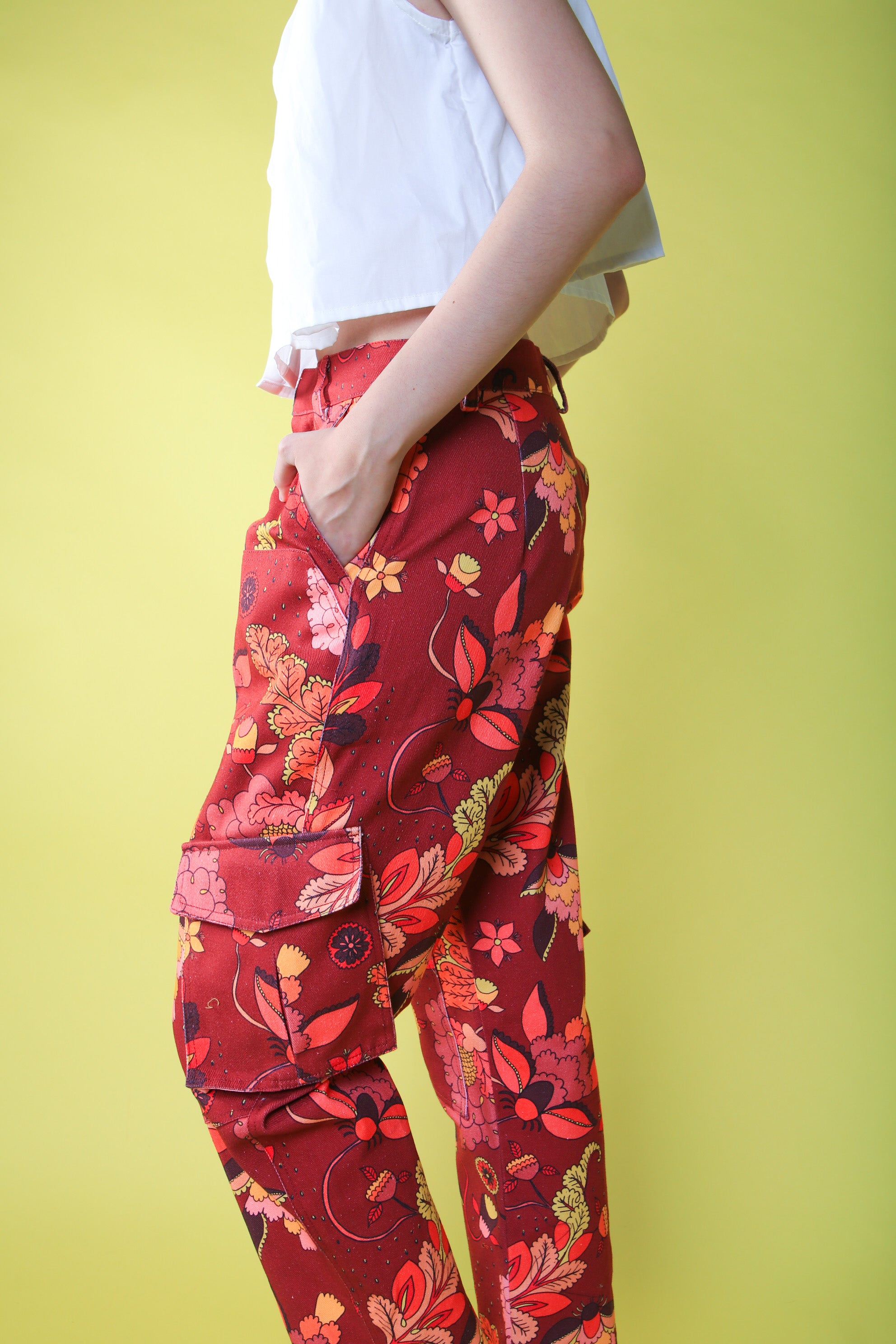 FLORAL BURGUNDY DENIM PANTS