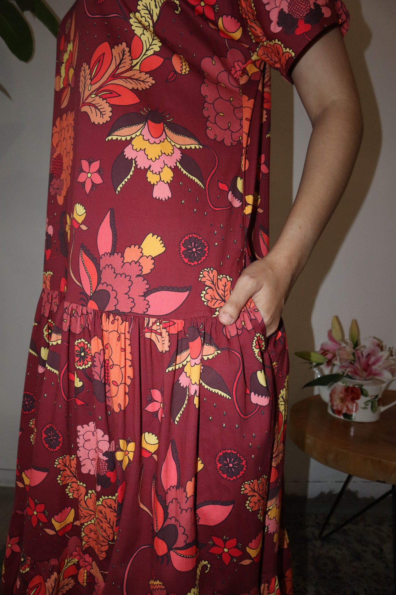 FLORAL BURGUNDY LONG DRESS