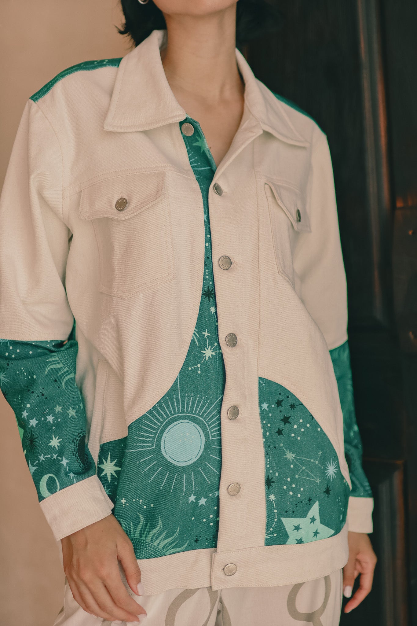 CALLA X ADINIA MIX DENIM JACKET IN GREEN