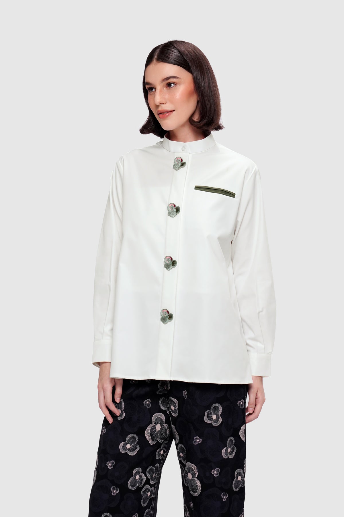 Pansy Embroidery Shirt - Cloudy