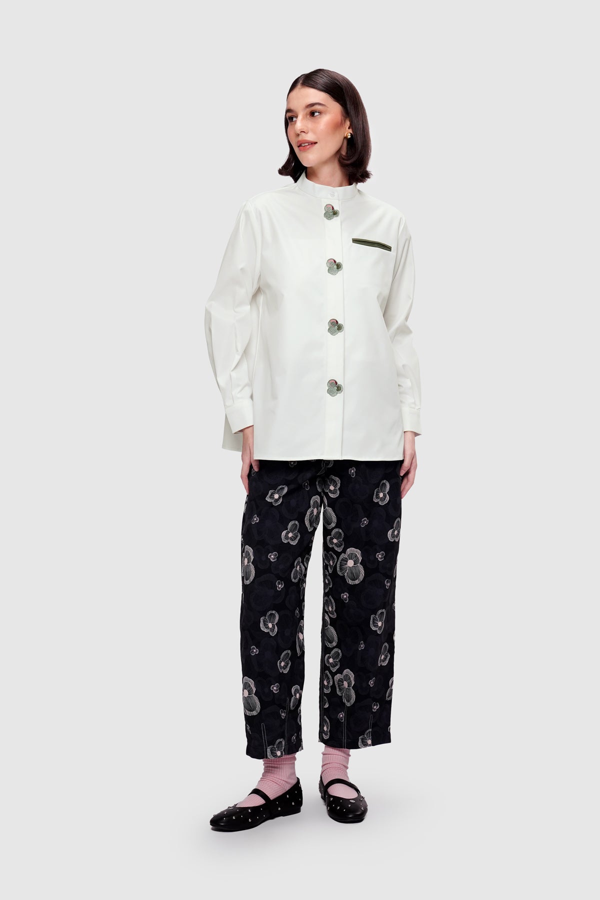 Pansy Embroidery Shirt - Cloudy