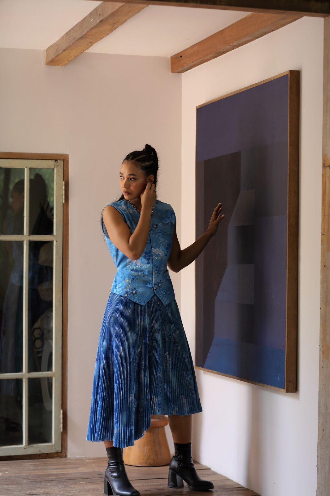 CALLA X ADINIA ASYMMETRIC PLEATS SKIRT IN BLUE