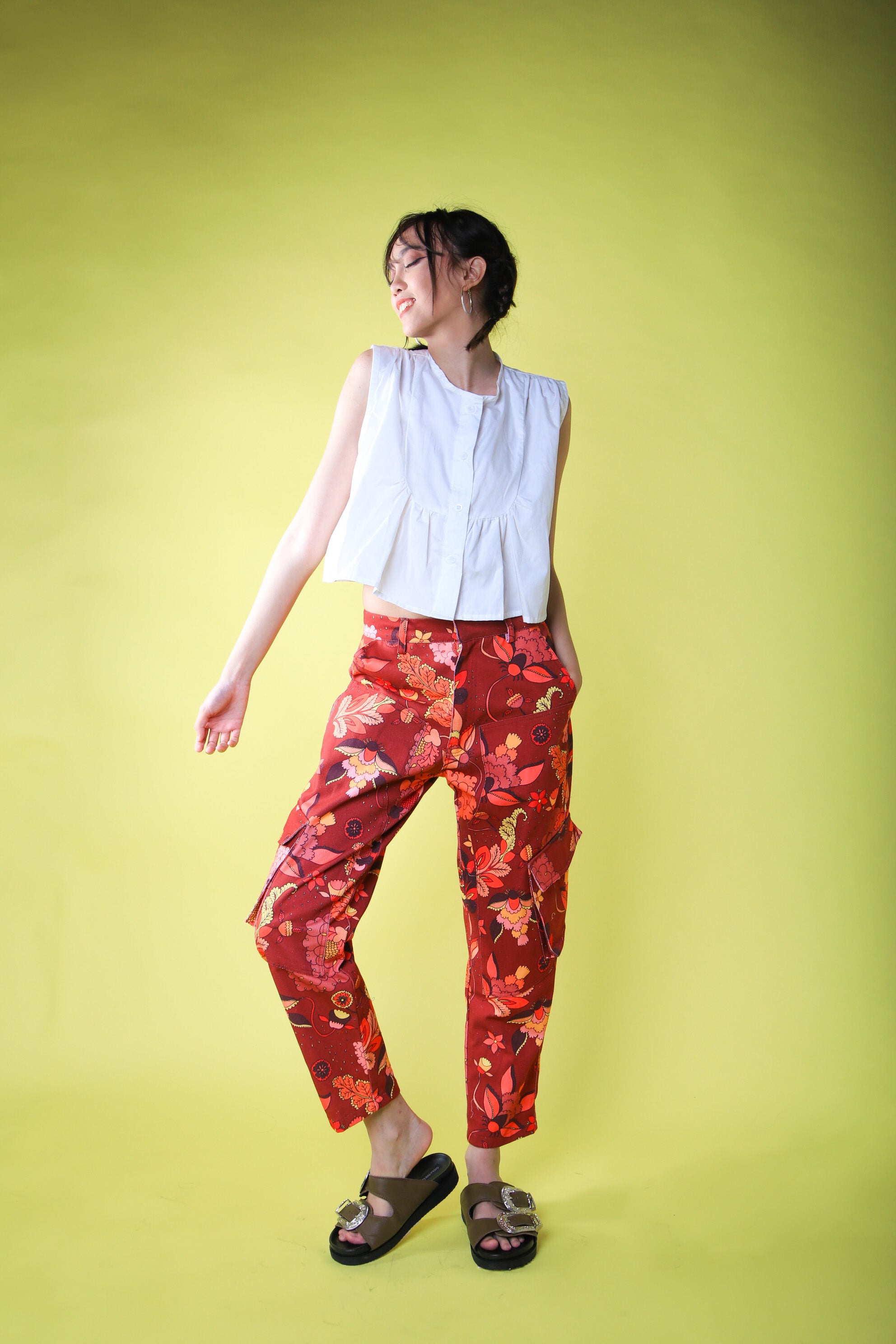 FLORAL BURGUNDY DENIM PANTS