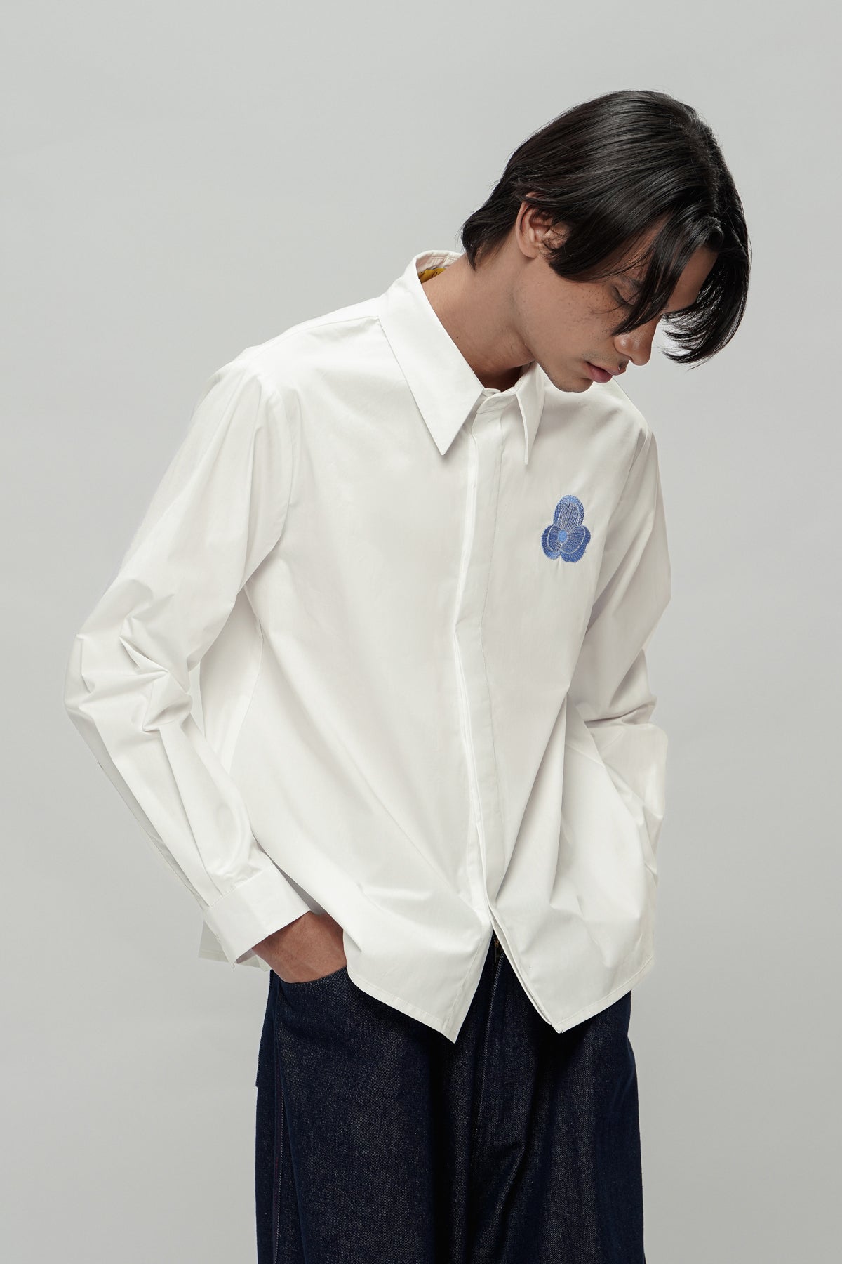 Embroidery Cotton Shirt - Blue Floral