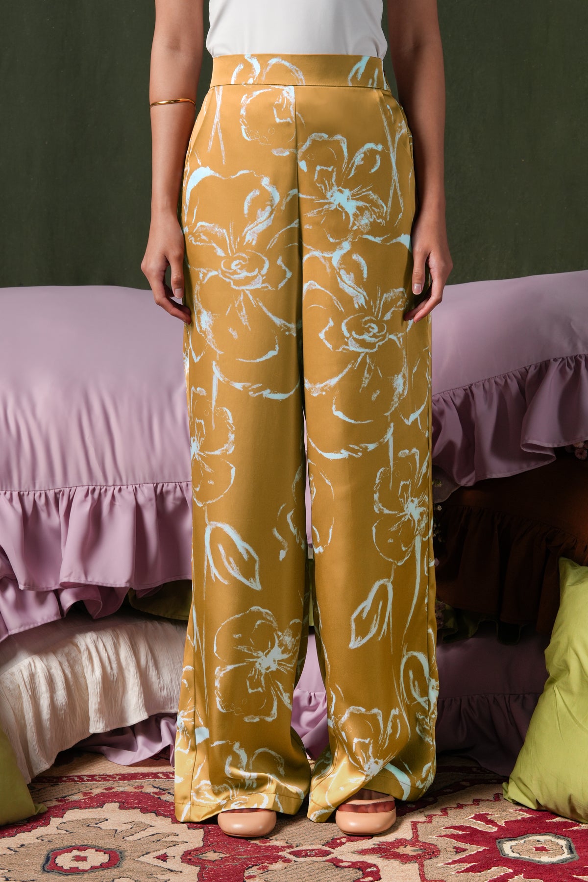 Fioren Satin Pants - Ochre