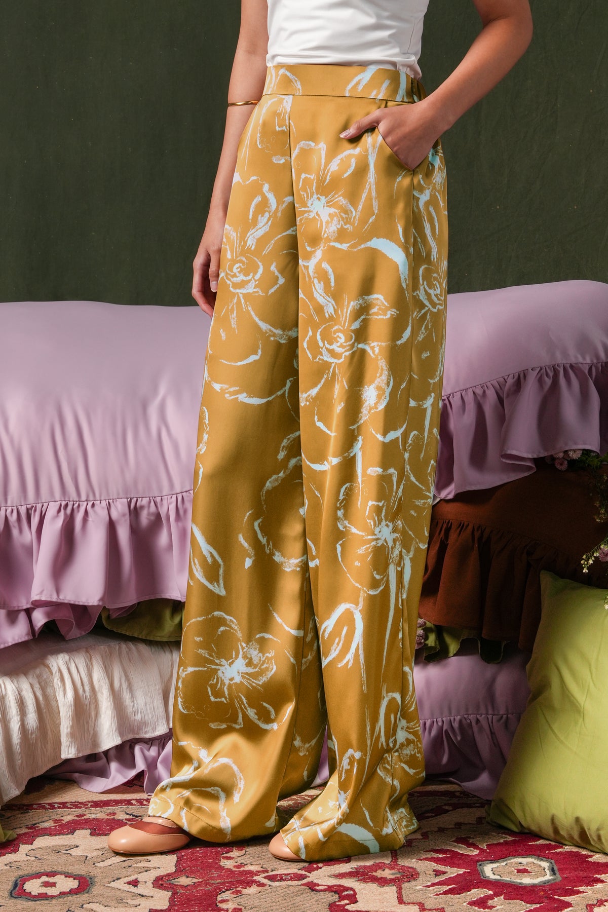 Fioren Satin Pants - Ochre