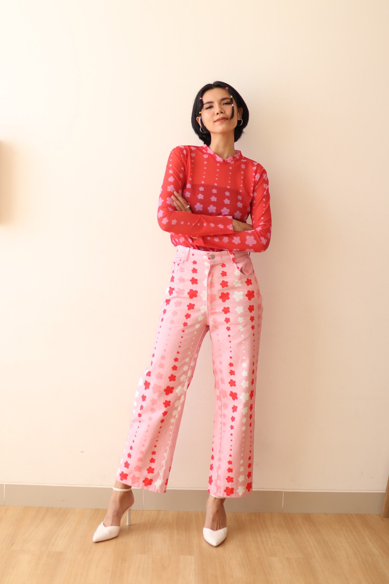 STARS DENIM PIPE TROUSERS IN PINK