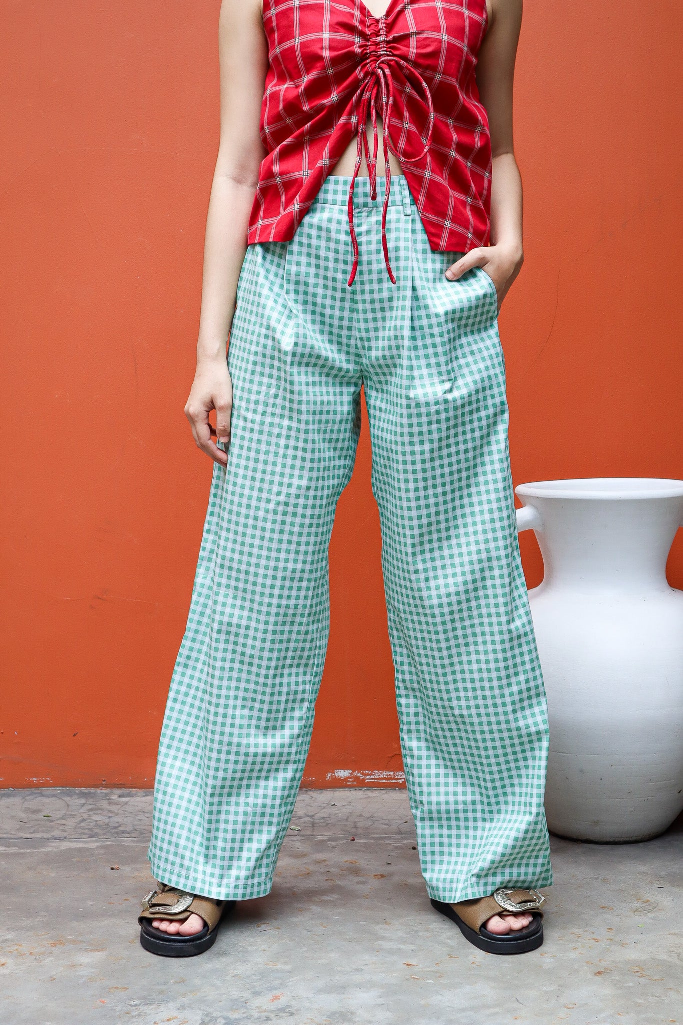 CHECKERED GREEN PALAZZO PANTS