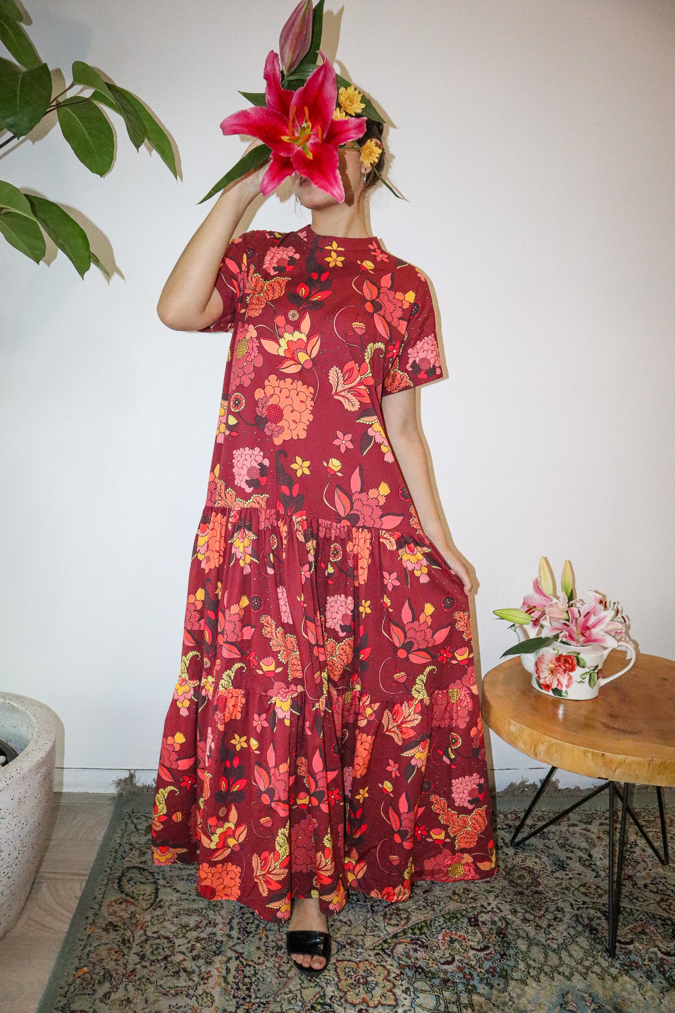 FLORAL BURGUNDY LONG DRESS