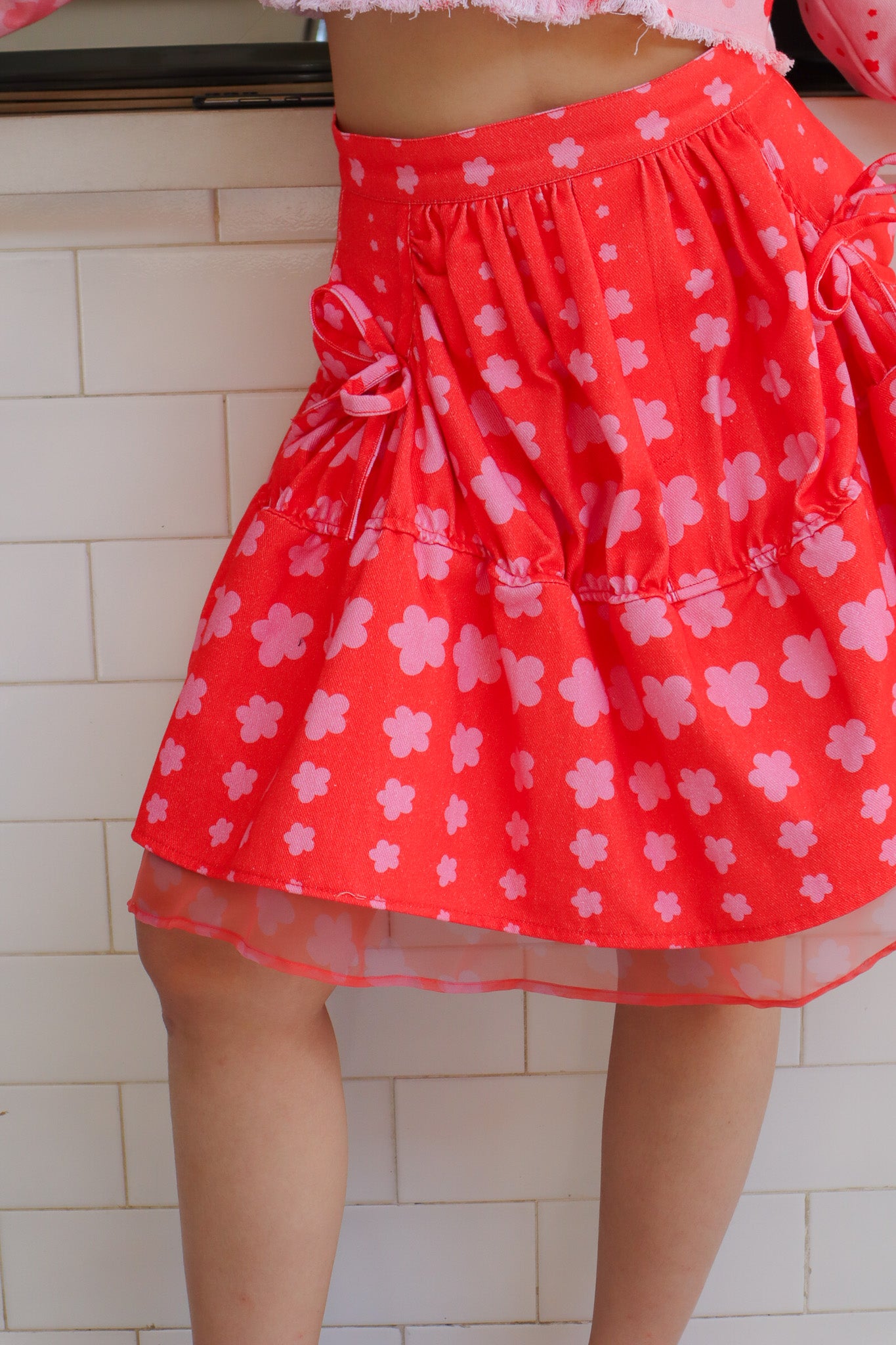 STARS DENIM MIX ORGANZA SKIRT IN RED