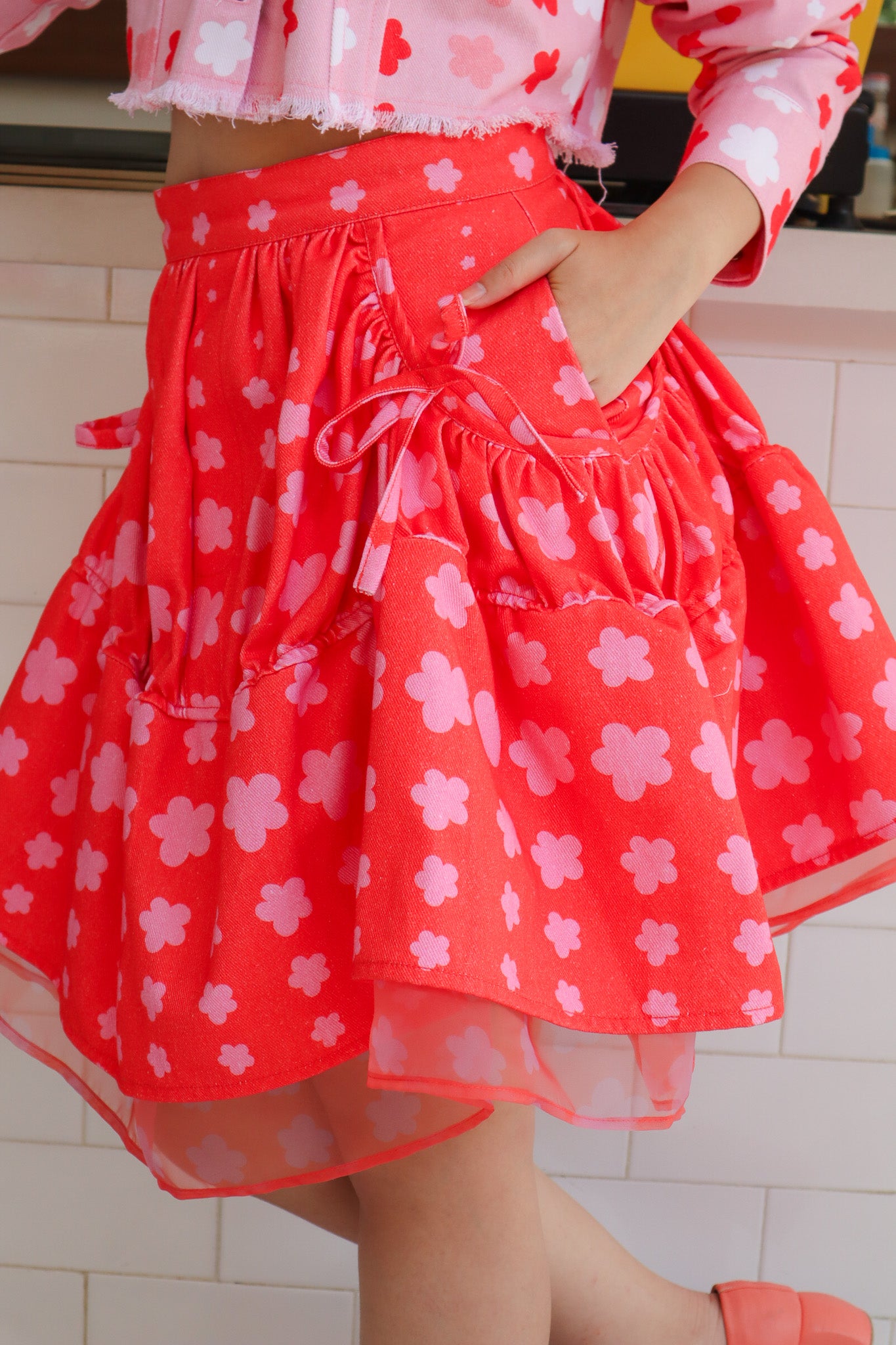 STARS DENIM MIX ORGANZA SKIRT IN RED