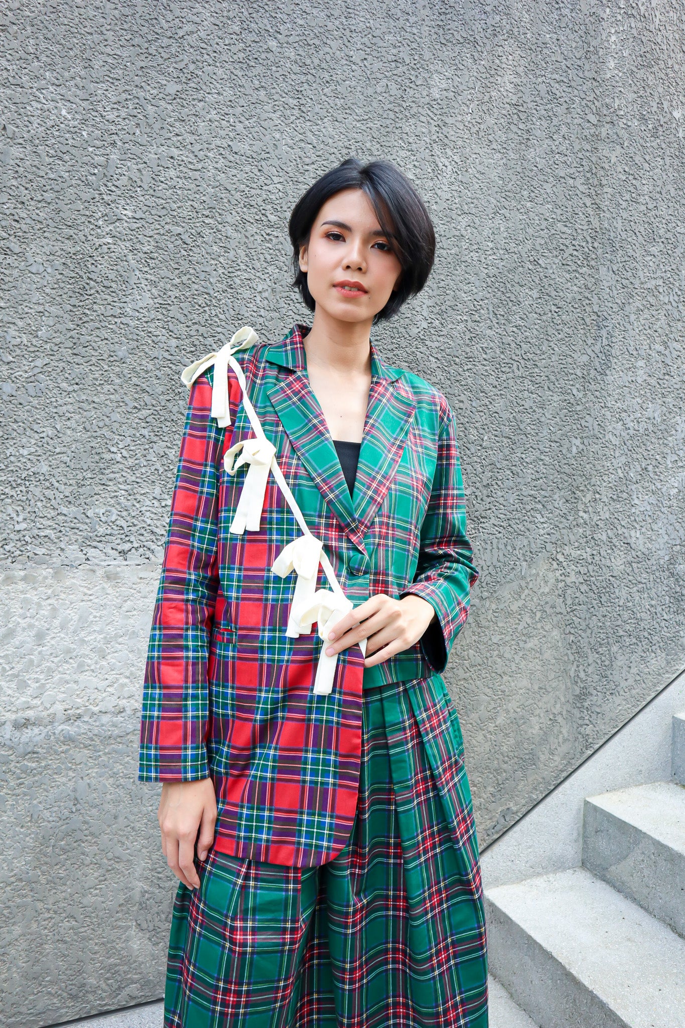 BASIC MIX TARTAN RIBBON BLAZER