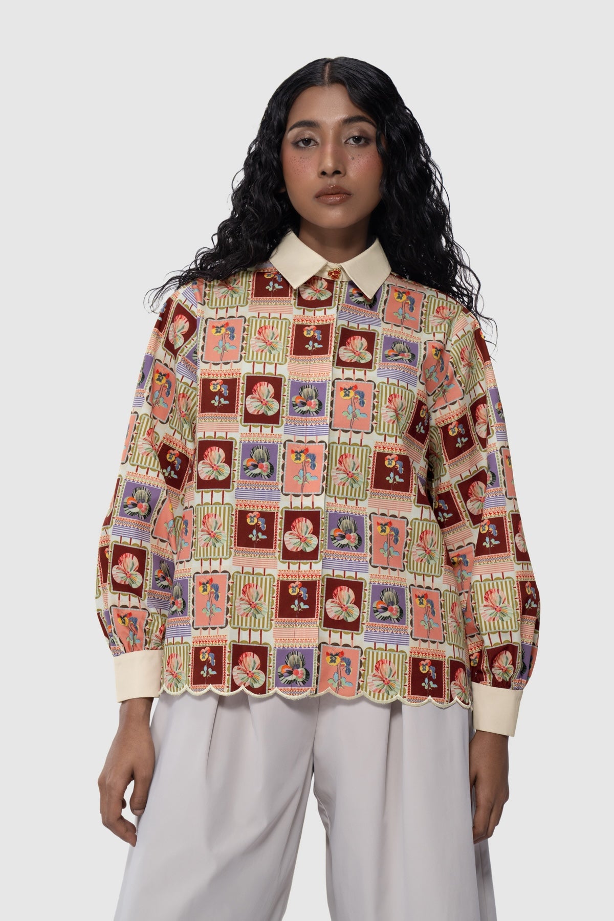 Medallion Scalloped Shirt - Ruby