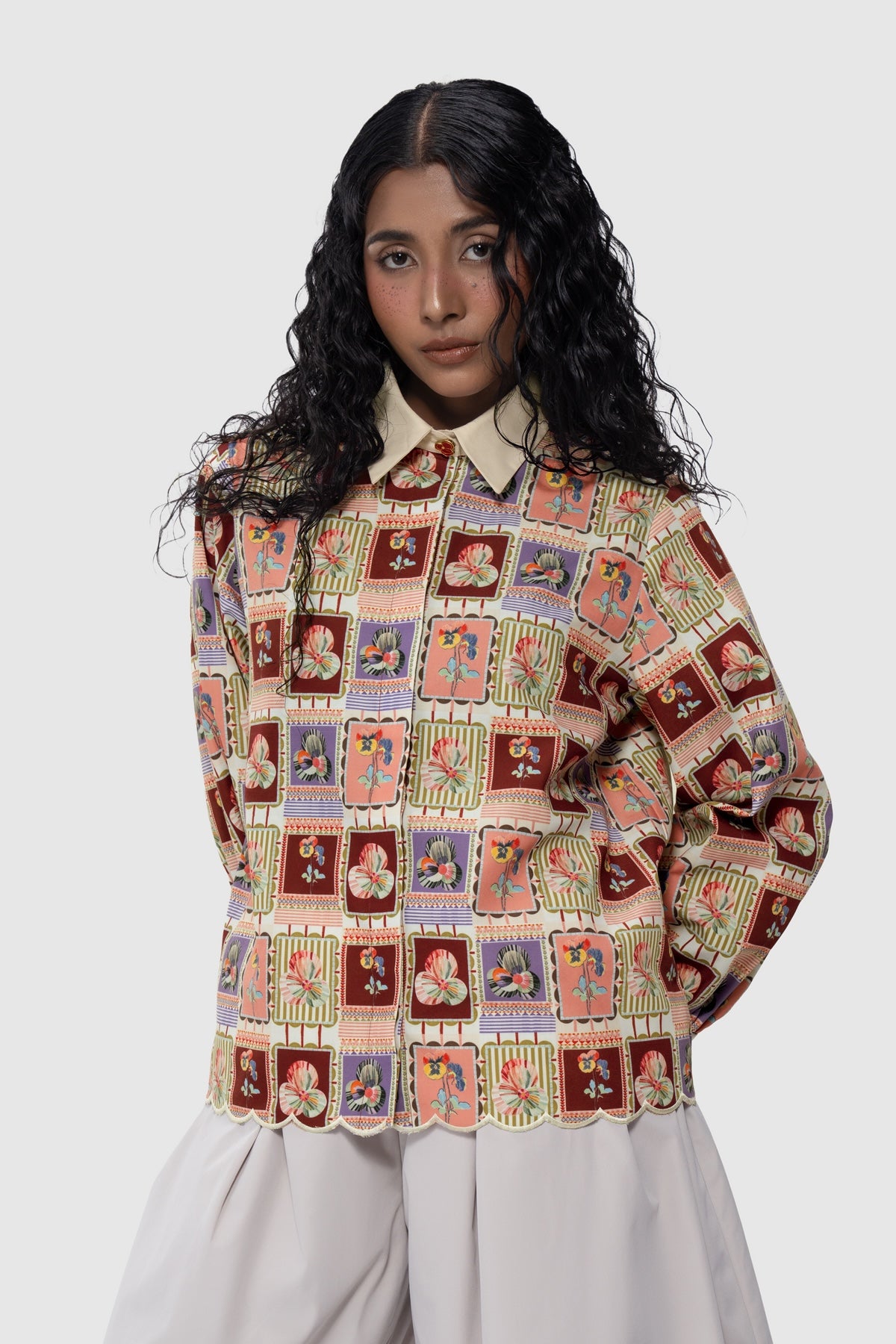 Medallion Scalloped Shirt - Ruby