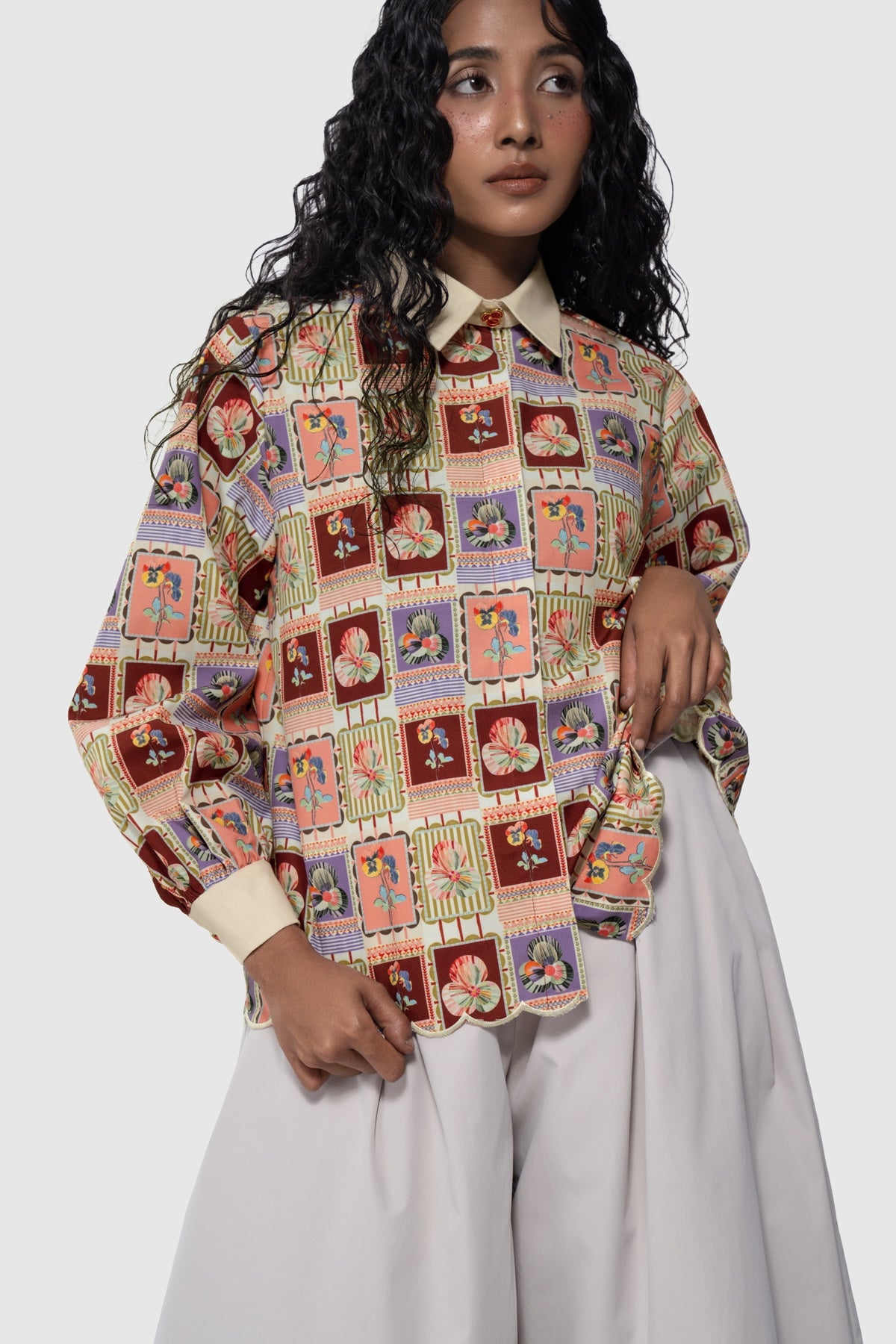Medallion Scalloped Shirt - Ruby