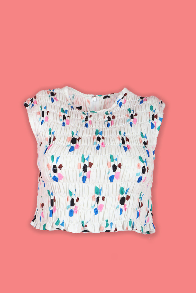 WHITE SEED SMOCKED CROP TOP